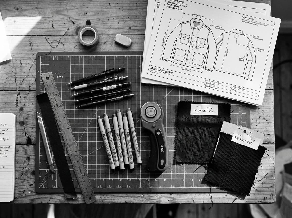 Imagen editorial de preparación de prendas y diseños